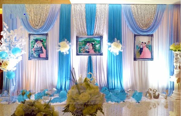 3 6m Wedding Party Ice Silk Fabric Drapery Blue Color With Silver