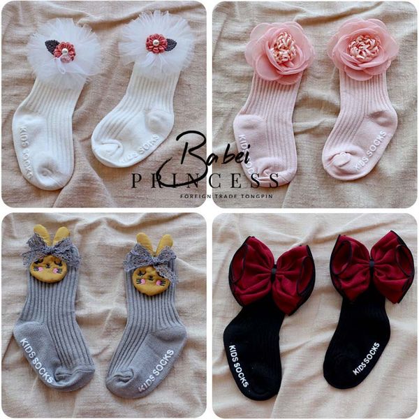 

fashion korean children socks sweet princess girls socks floral kids sock lace bows baby sock cotton toddler knit knee high socks 0-4y a1924, Pink;yellow