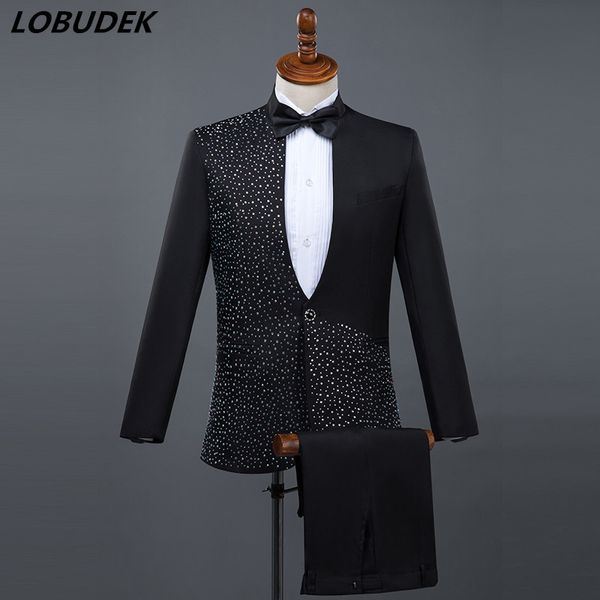 

(Куртка+брюки) формальные мужские костюмы черный белый сияющий бриллиант костюм 2