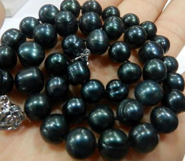 

ll<<< genuine 9-10mm black natural tahitian pearl necklace 17", Silver
