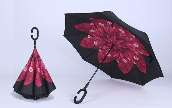 

in stock 19 colors windproof reverse folding double layer inverted chuva umbrella self stand inside out rain protection c-hook hands for car