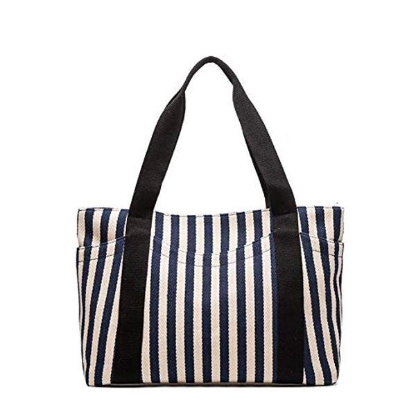 

women's canvas tote bag with multiple pocket zipper closure fashion durable travel shoulder bag for weekend striped gift bag purses