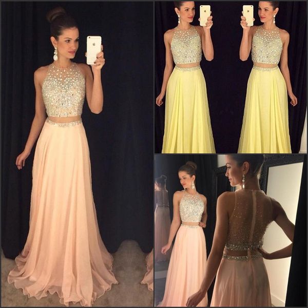 

cute fake two piece major beading prom dress beaded high neck new arrival chiffon formal yellow evening dresses with illusion bodice, Black;red