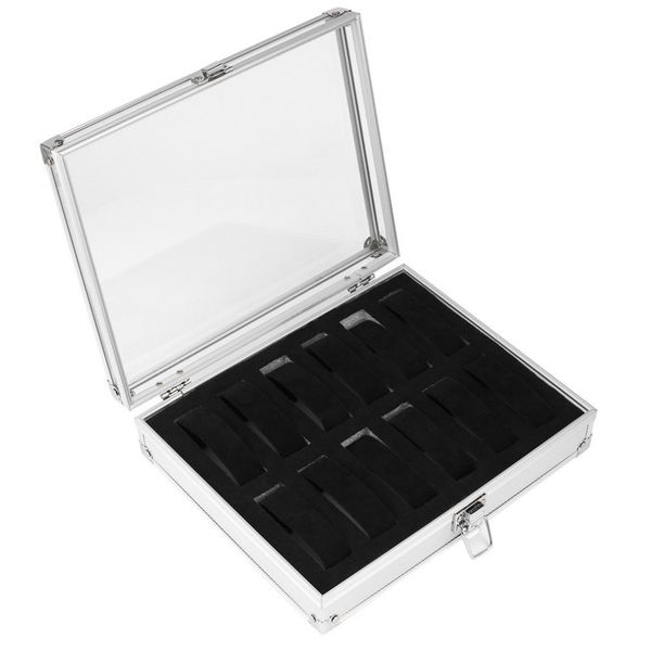 

12 grids slots aluminium watches box jewelry display storage square case suede inside container watch holderr, Black;blue