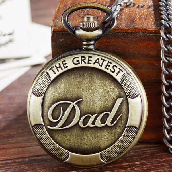 

fathers day bronze quartz pocket watch the greatest dad necklace fob chain clock for male mens father's day birthday gifts box, Slivery;golden