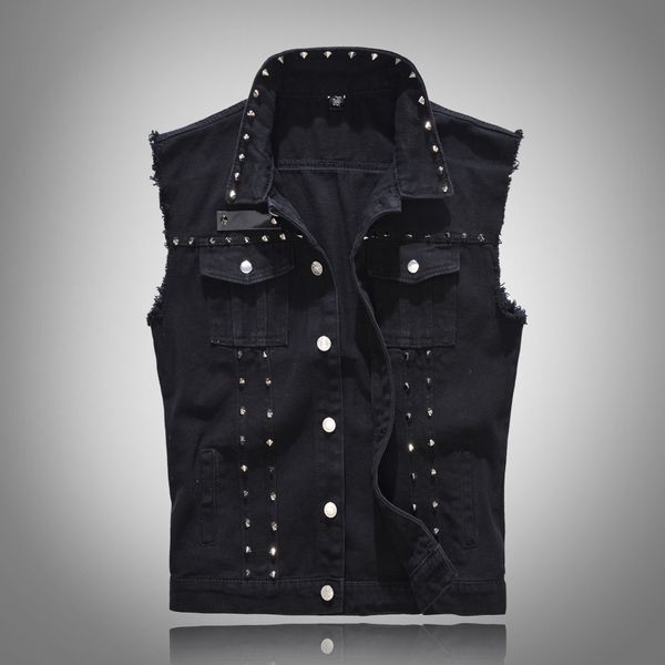 

big size 5xl chubby classic denim vest men new slim fit sleeveless jean jacket vests black waistcoat for men metal rivet pocket, Black;white