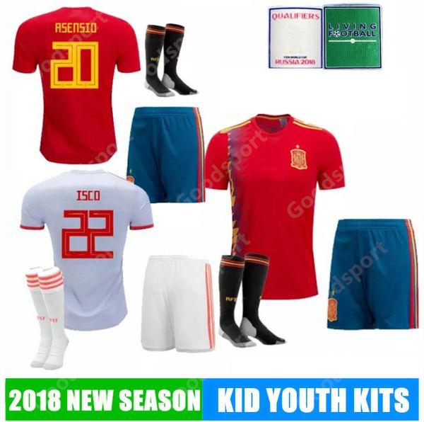 

2018 kid youth kits spain soccer jerseys pique ramos asensio isco thiago a.iniesta silva football shirt socks shorts world cup, Black;yellow