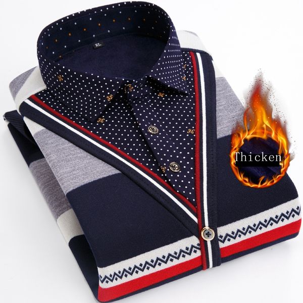 

jz chief fashion winter men sweater cotton male thicken plaid knitting pullover fake two piece sweater shirt collar warm, White;black