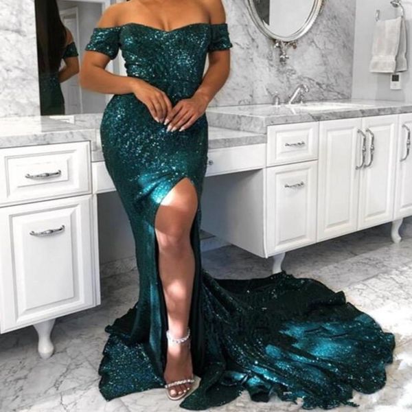 

сверкающие блестками русалка пром платья длинные с плеча с короткими рукавами сексуальная сторона сплит вечернее платье женщины вечернее пла, Black