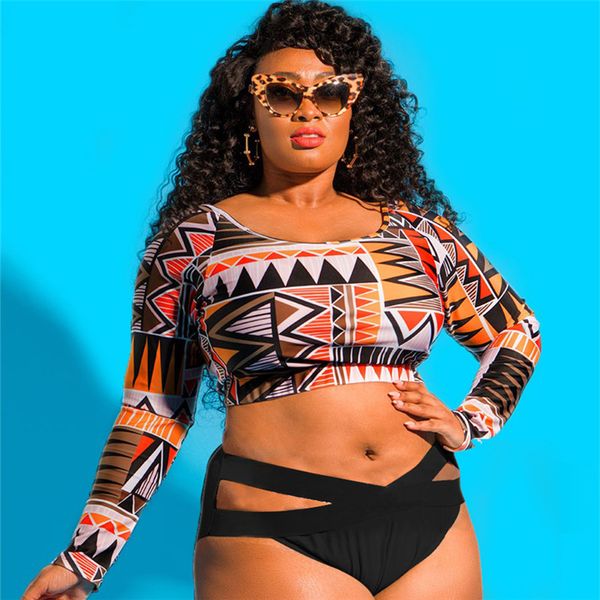 

long sleeve women swimsuit african printing bandage bikini lady monokini plus size one piece swimwear bathing suit 33sc w