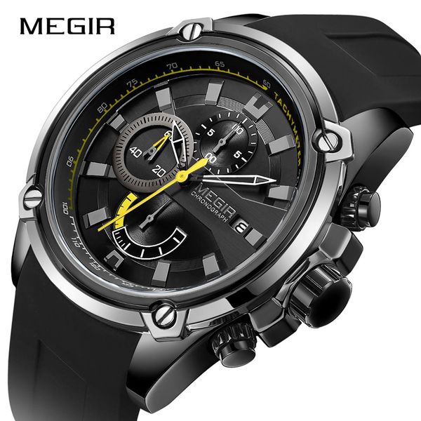 

megir men's quartz sports watches silicone strap waterproof chronograph analog wrist watch for male clock relogio masculino 2018, Slivery;brown
