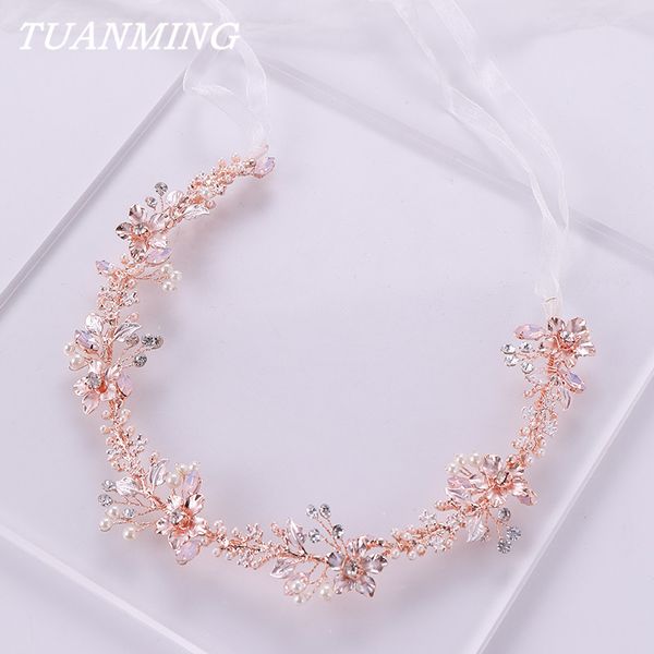 

rose gold flower pearl headband tiara wedding bridal princess headband hair jewelry crystal pearl bride headdress, Golden;white