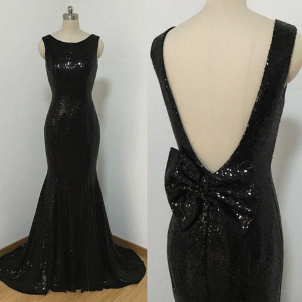 Vestidos Lantejoulas Preto Barato Alta Qualidade Sparkly Sereia Vestido de Prom Vestido Formal Formal Partido Vestidos Bateau Pescoço Backless Vestido com arco