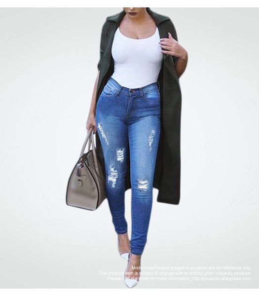 

new plus size ripped fading jeans women`s true denim skinny distressed jeans for women jean pencil pants drop shipping, Blue