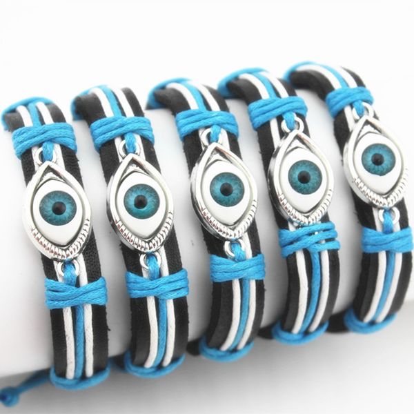 

jewelry wholesale 12pcs hand-woven blue eye turkey evil eye leather bracelets wrap hemp bangles amulet gifts mb107, Black