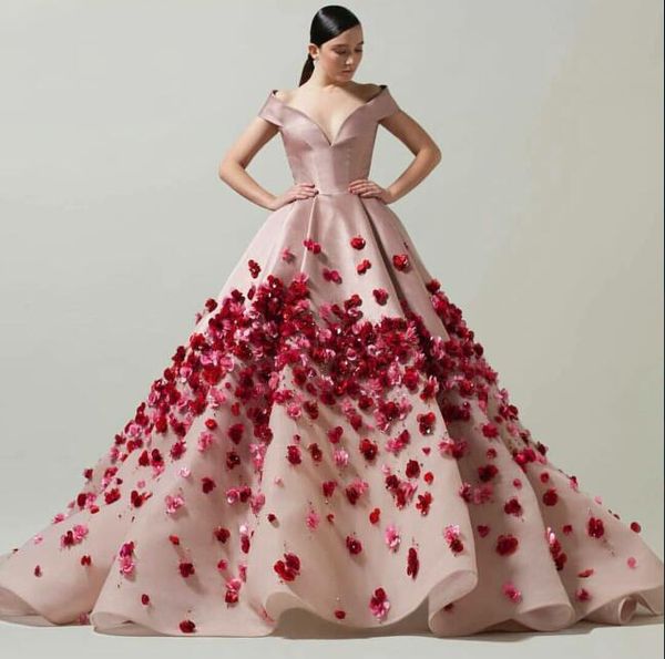 

evening dress yousef aljasmi kim kardashian satin v-neck appliques flower ball gown almoda gianninaazar zuhlair murad, Black;pink