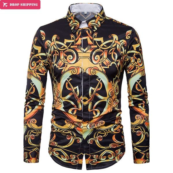 Luxus Design Gold Floral Print männer Kleid Shirts 2018 Marke Neue Slim Fit Langarm-shirt Männer Casual Stilvolle chemise Homme