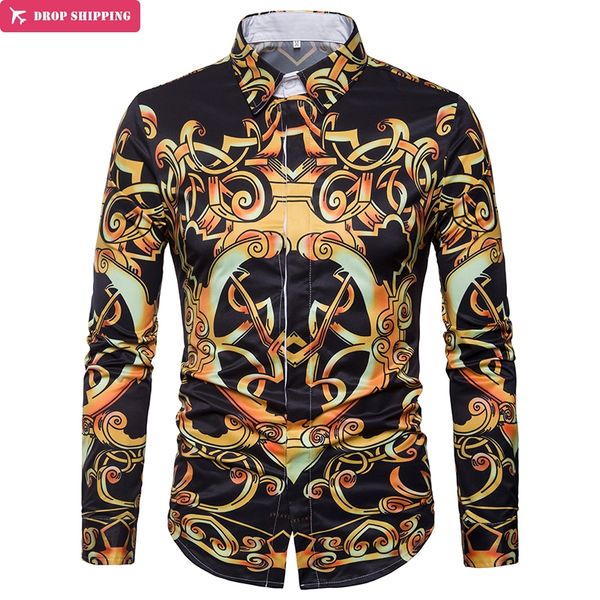 

luxury design gold floral print men's dress shirts 2018 brand new slim fit long sleeve shirt men casual stylish chemise homme, White;black