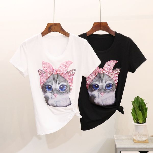 

2018 summer t shirt sequins bow cat tshirt cotton, White