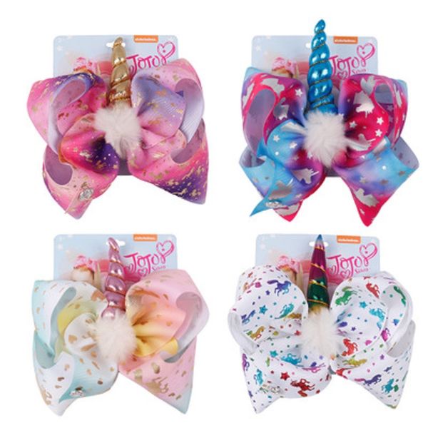 8 polegadas JOJO Tamanho Grande Unicórnio Chifre Lantejoulas Grampo de Cabelo Kid Girl Bowknot Arcos Presilhas de Cabelo Acessórios Presente de Natal Por Atacado DHL