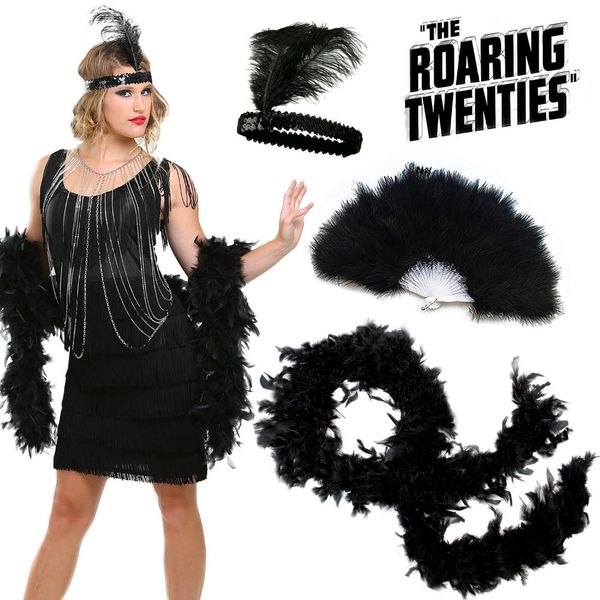 

women's roaring 20s flapper girl costume accessories deluxe 3 pack set 1920s charleston jazz gatsby fancy dress feather outfits, Silver