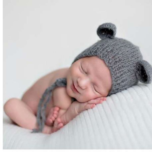 Newborn Mohair ухо Bear Bonnet 5Colors 0-6 месяцев новорожденного шляпа ребенка ручной работы вязаный мягкий мохэр капот новорожденных