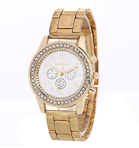 

gold silvery rose gold luxurious crystal three eye digital scale steel strip wrist watch high-grade fashion man woman quartz wrist watch, Slivery;brown