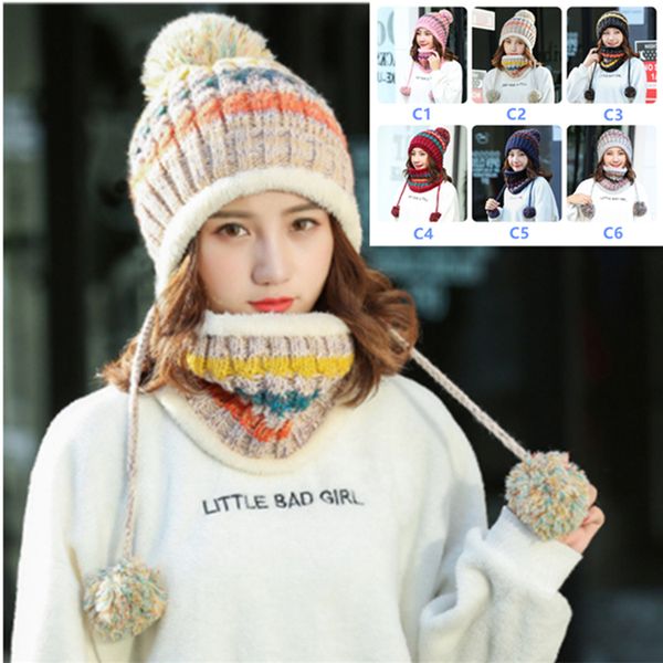 

women winter scarf sets cap collar mask facial protection girls accessory women scarf knitted hat 6 colors, Blue;gray