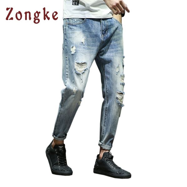 

2018 new white ripped jeans men distressed jean moustache effect mens skinny jeans homme button denim pants male casual trousers, Blue