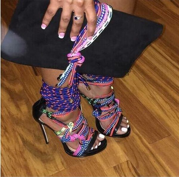 

open toe multicolor rope gladiator stiletto sandal rome design high heel lace up sandals shoes platform party dress shoes, Black