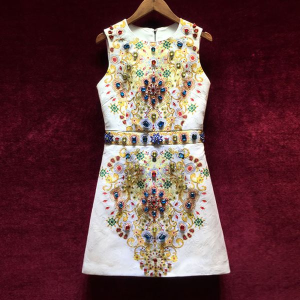 

women's designer runway dresses european 2018 new vintage printing heavy diamonds sleeveless jacquard dress, Black;gray