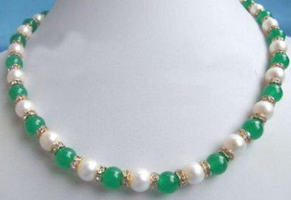 

genuine white pearl green jade 18kgp crystal necklace 18"a+++, Silver