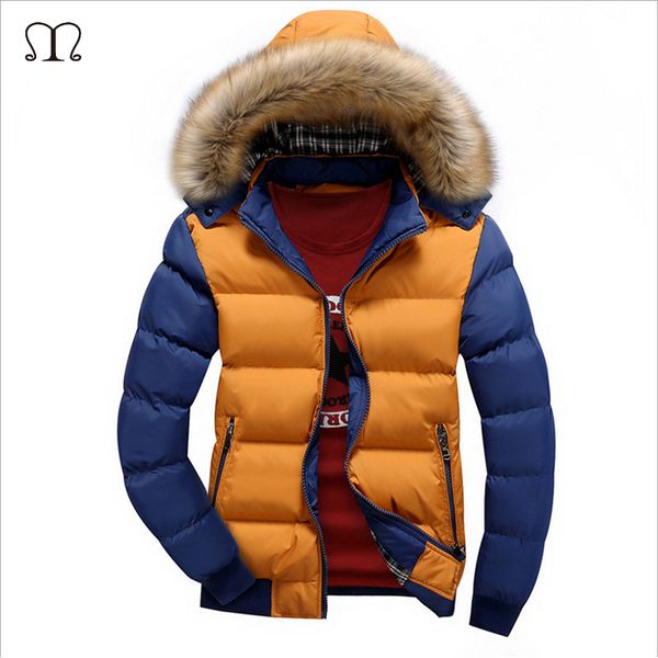

winter down coat men casual fur hooded cotton padding parka mens brand windproof waterproof patchwork windbreaker jackets male, Black