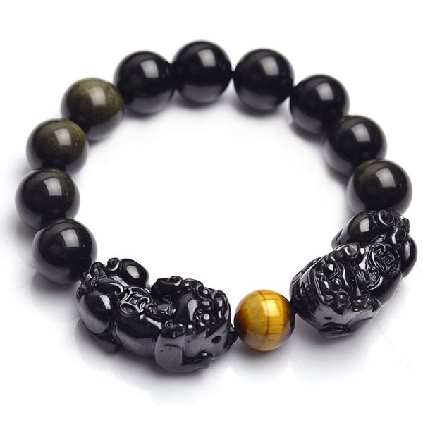 

10-14mm natural obsidian beads bracelet fine gemstone beaded wild animal bracelet men jewelry women can drop shipping, Golden;silver