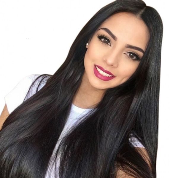 

130% human hair wigs for black women glueless peruvian straight hair lace front wig bleached knots natural hairline, Black;brown