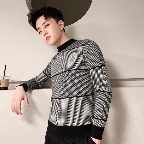 

winter explosion fall winter men's slim wild pinstrip long sleeve sweater tight men's bottoming sweater, White;black