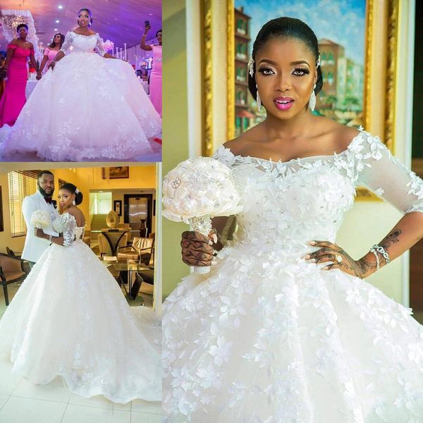 Африканские роскошные 3D цветочные аппликация плюс размер свадебные платья с плеча 1/2 рукава суд поезд бальное платье свадебное платье Свадебные платья