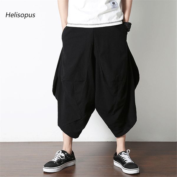 

helisopus summer casual trousers loose plus size pants for men cotton and linen cropped trousers men hip-hop pants, Black