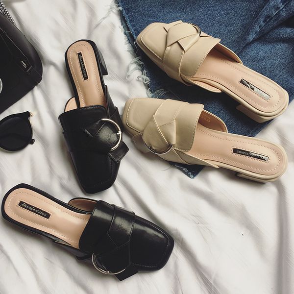 

mules shoes woman flip flops square toe sandals low heels slipper buckle design slides bid bow design flip flops belt buckle2017, Black