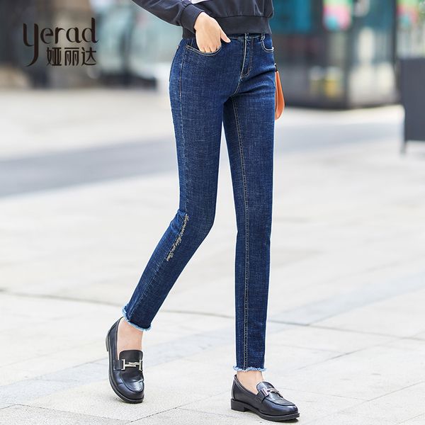 

yerad jeans pants women 2018 autumn office lady letter embroidery denim jeans stretchy pencil pants, Blue