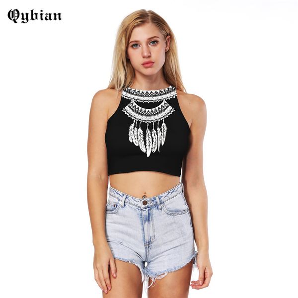 

qybian лето новый топы женщины 2018 дамы черные перья печати майка жилет женский рукавов шею тонкий тройники, White