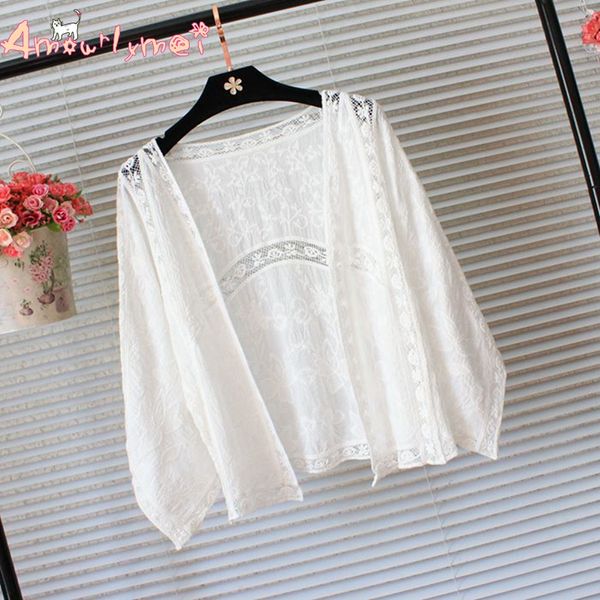 

amourlymei summer women blouse mori girl white hollow out flower embroidery lace loose bat sleeve casual kimono cardigan