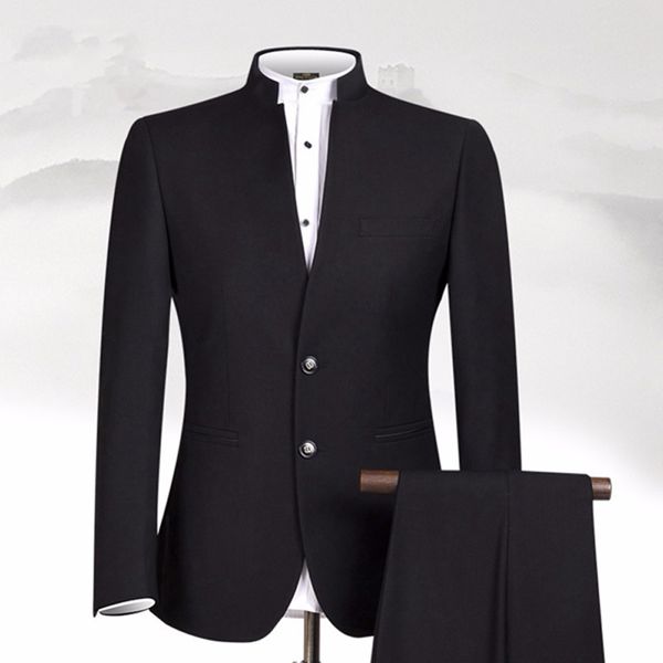 

custom black mens wedding suit 2018 stand collor handsome groom tuxedos slim fit men blazers gentlemen prom wear 2 pieces jacket+pant, Black;gray