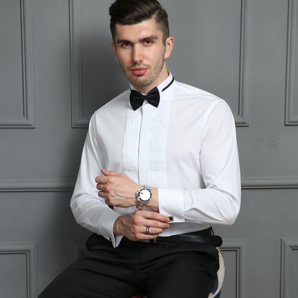 

french cuff men dress shirt men's long sleeve tuxedo shirts male wedding bridegroom shirt chemise (included cufflinks and ties, White;black