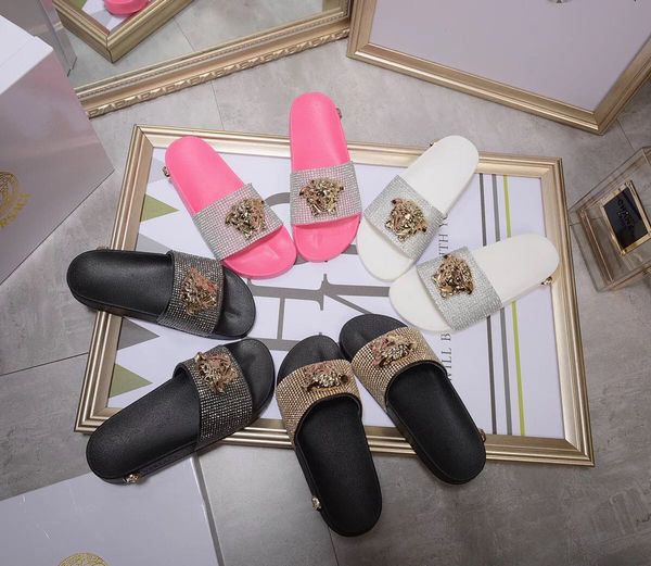 

new summer shoes couple models rhinestone slippers leather shoes fashionable casual sandals female, Black