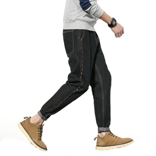 

new solid men jeans cotton plus size 28-42 male simple embroidered casual pants cowboy trousers black blue slim fit denim jean