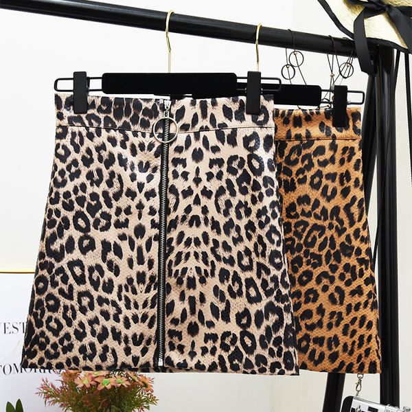 

leather skirt zipper & club pu leopard a-line above knee mini lenght empire waist autumn 2018, Black