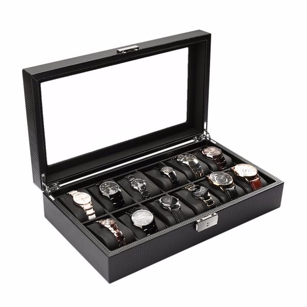 

2018 12 slots carbon fiber jewelry display watch box case storage holder high-grade black large caixa para relogio saat kutusu, Black;blue