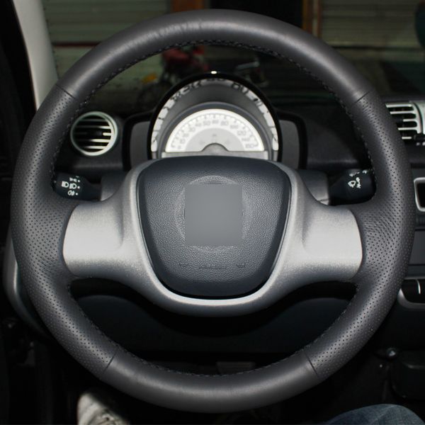 

black leather diy hand-stitched car steering wheel cover for smart fortwo