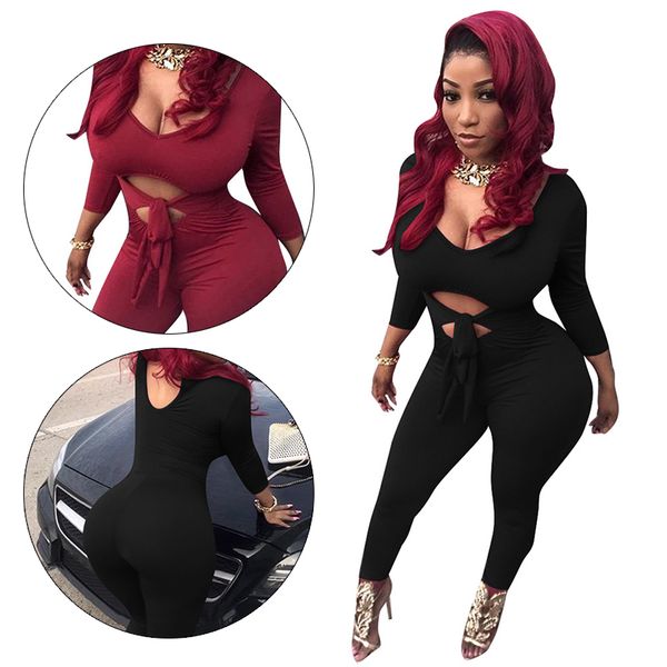 

sexy long sleeve jumpsuits womens bodysuit romper waist bandage, Black;white